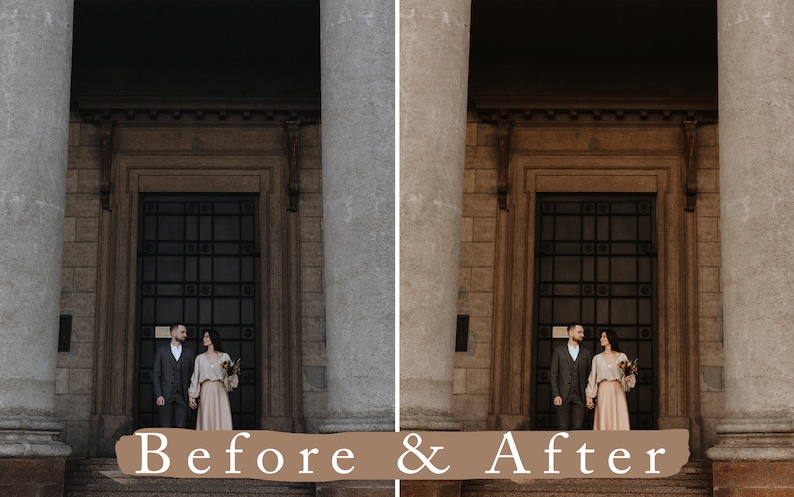 May include: A before and after image showing a couple standing in front of a doorway with columns on either side. The image on the left is the before image and the image on the right is the after image. The after image has been edited to have warmer tones and more contrast.