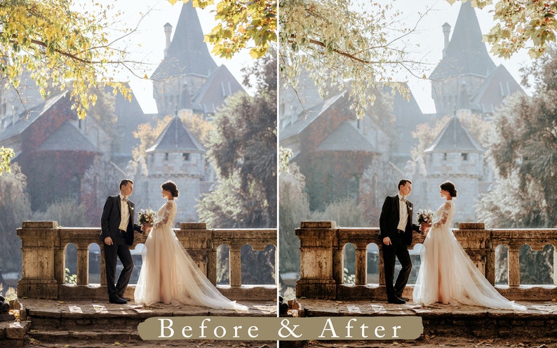 Puede incluir: Una novia y un novio se paran en un puente de piedra frente a un castillo. La novia lleva un vestido de novia blanco y el novio lleva un traje negro. El castillo est&aacute; en el fondo y hay &aacute;rboles a ambos lados del puente.
