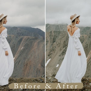 Puede incluir: Una mujer con un vestido blanco y un sombrero de paja se encuentra en la cima de una monta&ntilde;a con vistas a colinas onduladas.
