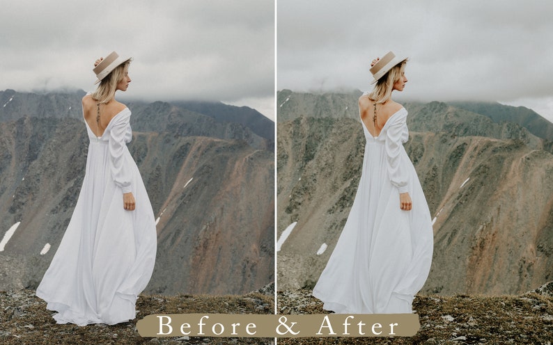 Puede incluir: Una mujer con un vestido blanco y un sombrero de paja se encuentra en la cima de una monta&ntilde;a con vistas a colinas onduladas.