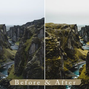 Puede incluir: Una imagen antes y despu&eacute;s que muestra la diferencia de color y contraste de una fotograf&iacute;a de paisaje. La imagen antes es m&aacute;s oscura y menos vibrante, mientras que la imagen despu&eacute;s es m&aacute;s brillante y m&aacute;s colorida. La imagen muestra un ca&ntilde;&oacute;n con un r&iacute;o que lo atraviesa.