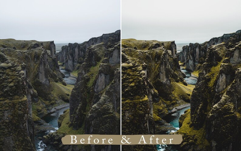 Puede incluir: Una imagen antes y despu&eacute;s que muestra la diferencia de color y contraste de una fotograf&iacute;a de paisaje. La imagen antes es m&aacute;s oscura y menos vibrante, mientras que la imagen despu&eacute;s es m&aacute;s brillante y m&aacute;s colorida. La imagen muestra un ca&ntilde;&oacute;n con un r&iacute;o que lo atraviesa.