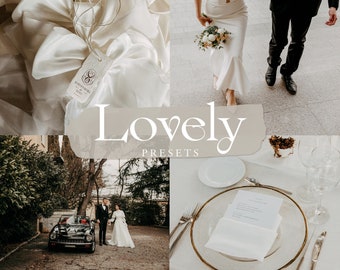 May include: A wedding photography preset pack called "Lovely Presets". The image shows a bride and groom, a wedding ceremony setup, and a wedding invitation.