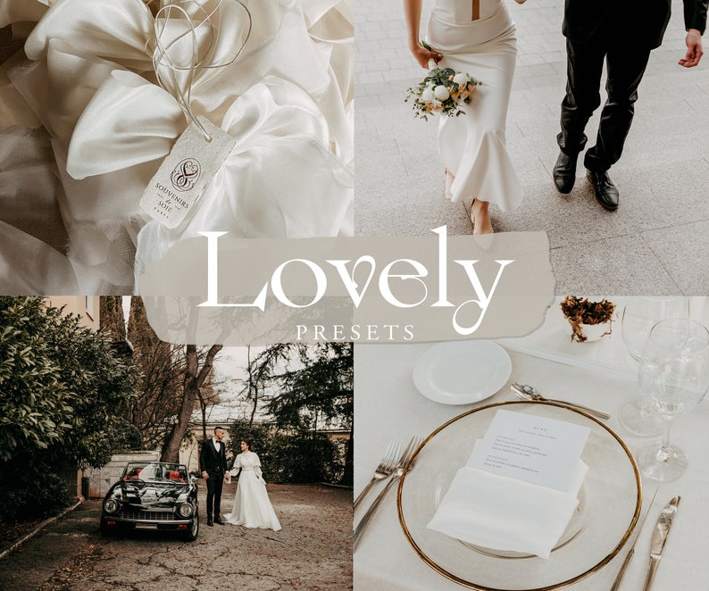 May include: A wedding photography preset pack called "Lovely Presets". The image shows a bride and groom, a wedding ceremony setup, and a wedding invitation.