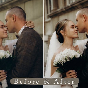 May include: A bride and groom are embracing and kissing. The bride is wearing a white wedding dress with a veil and holding a bouquet of white flowers. The groom is wearing a brown suit. The couple are standing in front of a building with a stone facade.