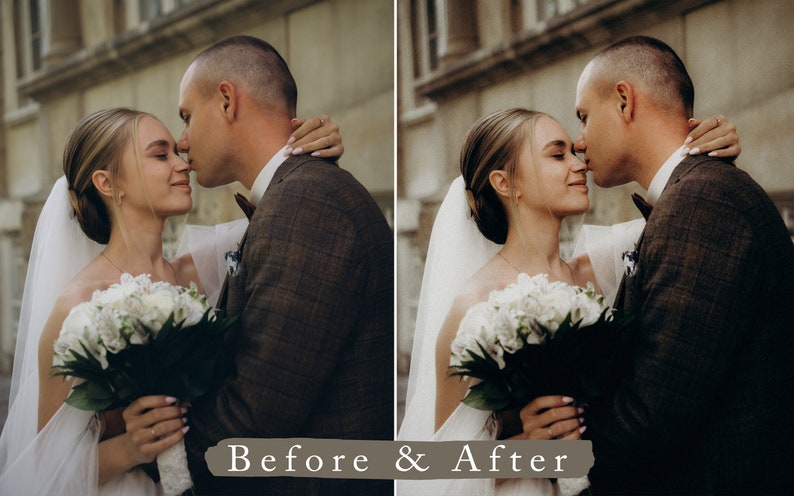 May include: A bride and groom are embracing and kissing. The bride is wearing a white wedding dress with a veil and holding a bouquet of white flowers. The groom is wearing a brown suit. The couple are standing in front of a building with a stone facade.