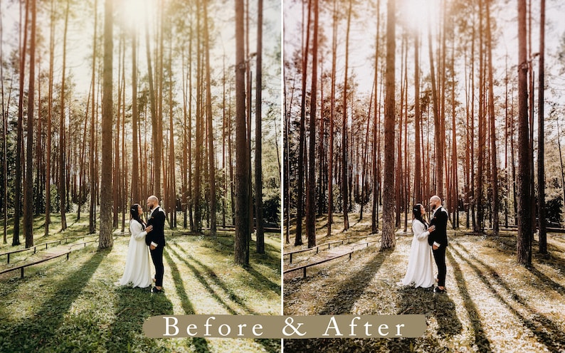 Pode incluir: Um casal em um ambiente florestal, de p&eacute; perto um do outro e olhando um para o outro. A imagem &eacute; dividida em duas se&ccedil;&otilde;es, mostrando a mesma cena antes e depois da edi&ccedil;&atilde;o de fotos. A imagem antes tem uma apar&ecirc;ncia mais natural, enquanto a imagem depois tem um tom mais quente e vintage.