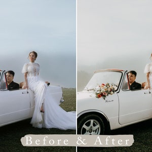 May include: A white convertible car with a floral arrangement on the hood. A bride and groom are standing on the car, the bride is wearing a white wedding dress and the groom is wearing a black suit.