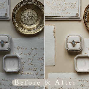 May include: A white ring box with a pearl trim and a diamond ring inside. The box is on a piece of paper with handwritten calligraphy that reads "Where you go, I will go. Where you stay, I will stay. You will be well to God." The image is split into two sections, showing a before and after edit of the image.