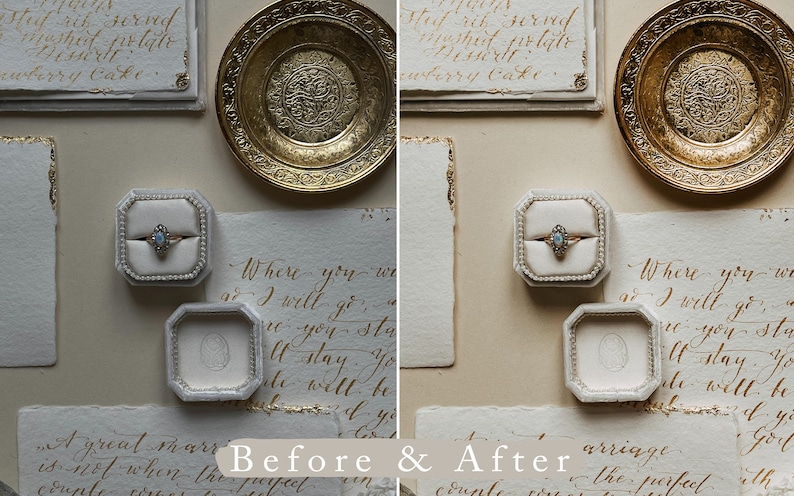 May include: A white ring box with a pearl trim and a diamond ring inside. The box is on a piece of paper with handwritten calligraphy that reads "Where you go, I will go. Where you stay, I will stay. You will be well to God." The image is split into two sections, showing a before and after edit of the image.