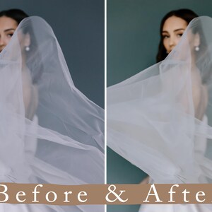 May include: A woman wearing a white veil, with the veil flowing in the wind. The image is split into two sections, with the left side showing the image before editing and the right side showing the image after editing. The text "Before & After" is written in brown text on a white background at the bottom of the image.