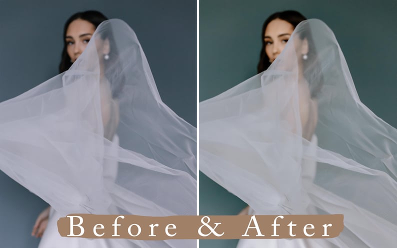 May include: A woman wearing a white veil, with the veil flowing in the wind. The image is split into two sections, with the left side showing the image before editing and the right side showing the image after editing. The text "Before & After" is written in brown text on a white background at the bottom of the image.