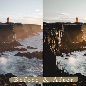 Puede incluir: Una imagen antes y despu&eacute;s de una fotograf&iacute;a de un faro rojo en un acantilado con vistas al oc&eacute;ano. La imagen anterior es ligeramente m&aacute;s oscura y la imagen posterior es m&aacute;s brillante y vibrante.