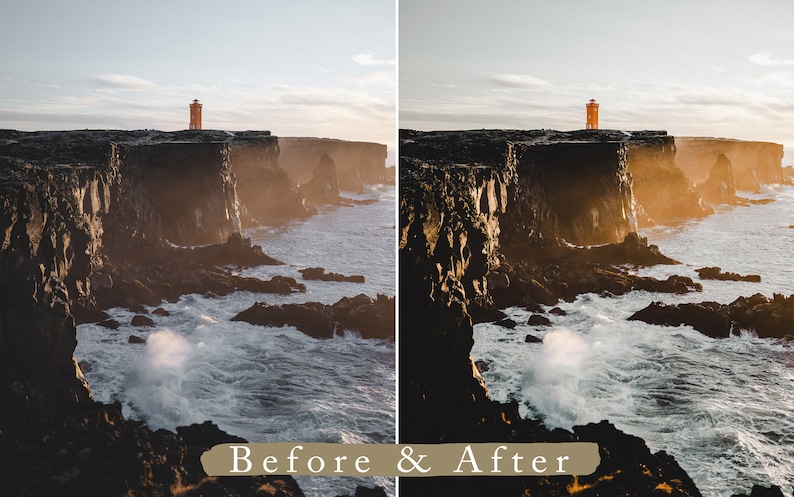 Puede incluir: Una imagen antes y despu&eacute;s de una fotograf&iacute;a de un faro rojo en un acantilado con vistas al oc&eacute;ano. La imagen anterior es ligeramente m&aacute;s oscura y la imagen posterior es m&aacute;s brillante y vibrante.