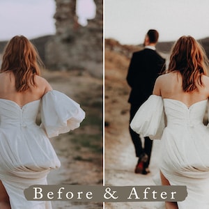 May include: A bride in a white off-the-shoulder wedding dress with large puffy sleeves walks away from the camera. The bride's hair is long and brown. A man in a black suit walks behind her.
