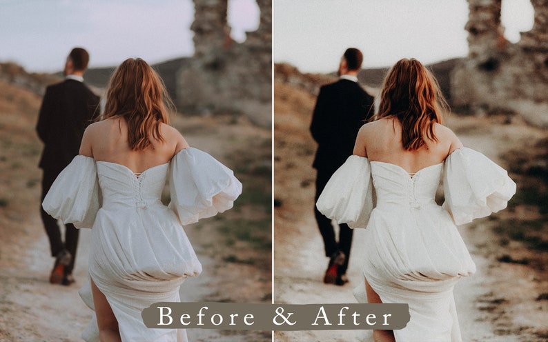 May include: A bride in a white off-the-shoulder wedding dress with large puffy sleeves walks away from the camera. The bride's hair is long and brown. A man in a black suit walks behind her.