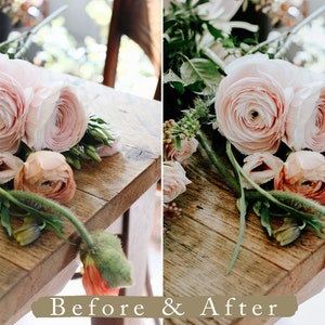 Puede incluir: Primer plano de un ramo de flores de ran&uacute;nculo rosa y melocot&oacute;n sobre una mesa de madera r&uacute;stica. Las flores est&aacute;n dispuestas de forma informal y natural, con algunos tallos que se extienden m&aacute;s all&aacute; del borde de la mesa. La imagen muestra la diferencia de color y viveza antes y despu&eacute;s de la edici&oacute;n.