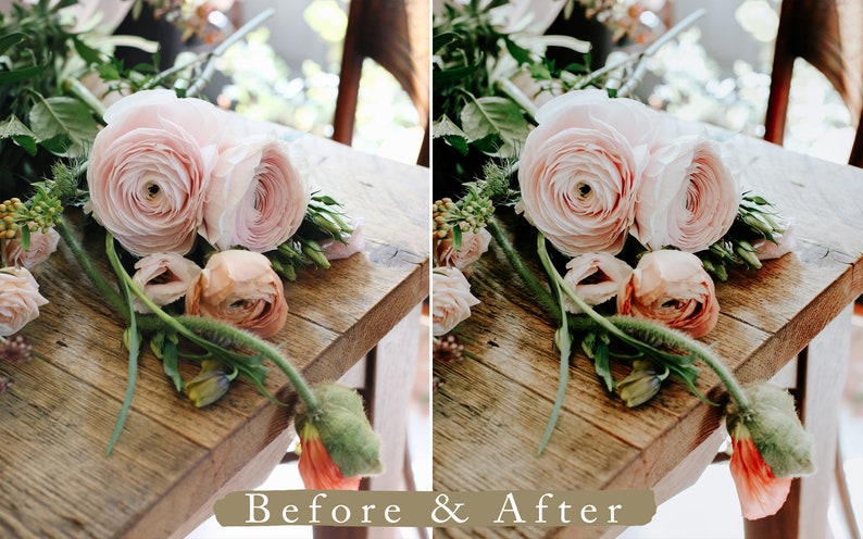 Puede incluir: Primer plano de un ramo de flores de ran&uacute;nculo rosa y melocot&oacute;n sobre una mesa de madera r&uacute;stica. Las flores est&aacute;n dispuestas de forma informal y natural, con algunos tallos que se extienden m&aacute;s all&aacute; del borde de la mesa. La imagen muestra la diferencia de color y viveza antes y despu&eacute;s de la edici&oacute;n.
