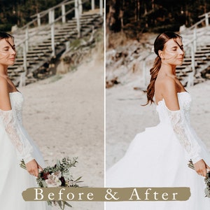 Pode incluir: Uma noiva com um vestido de noiva branco de ombros descobertos com mangas de renda segura um buqu&ecirc; de flores brancas e verdes. A noiva est&aacute; em p&eacute; em uma praia de areia com uma escada de madeira ao fundo. A imagem &eacute; dividida em duas com o texto "Antes e Depois" no centro.