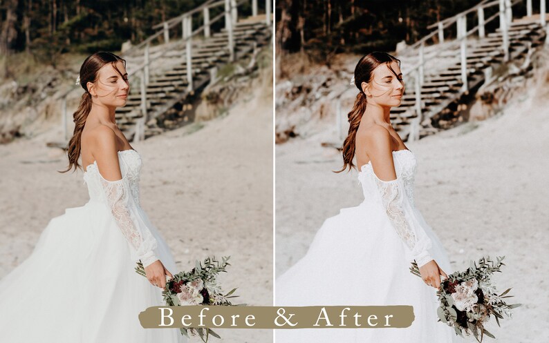 Pode incluir: Uma noiva com um vestido de noiva branco de ombros descobertos com mangas de renda segura um buqu&ecirc; de flores brancas e verdes. A noiva est&aacute; em p&eacute; em uma praia de areia com uma escada de madeira ao fundo. A imagem &eacute; dividida em duas com o texto "Antes e Depois" no centro.
