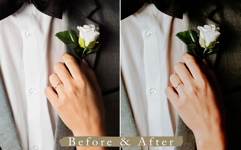 Puede incluir: Primer plano de un boutonniere de rosa blanca prendido en una chaqueta de traje gris. Una alianza de oro est&aacute; en el dedo de la mano que sostiene la rosa.
