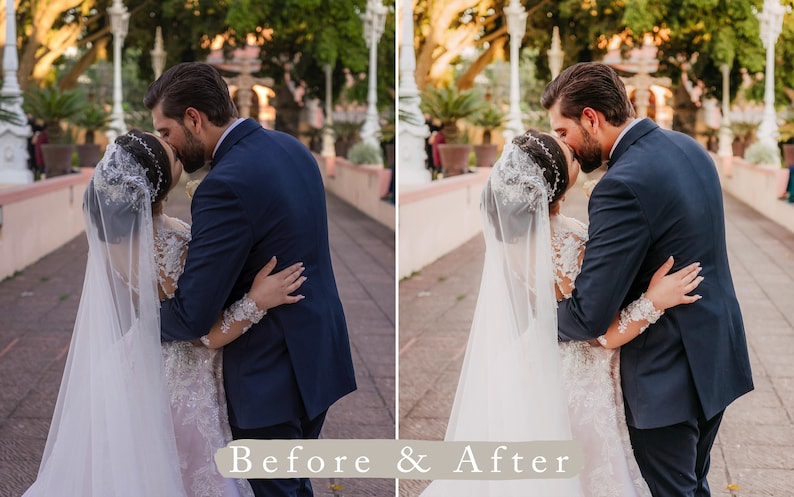May include: A bride and groom kiss on a walkway with a white railing and lush greenery in the background. The bride is wearing a white wedding dress with a long veil and the groom is wearing a dark blue suit.