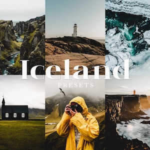 Puede incluir: Un collage de im&aacute;genes que muestran la belleza de Islandia. Las im&aacute;genes incluyen una iglesia negra, un faro en una costa rocosa, una persona con un impermeable amarillo tomando una foto y un acantilado dram&aacute;tico con vistas al oc&eacute;ano.