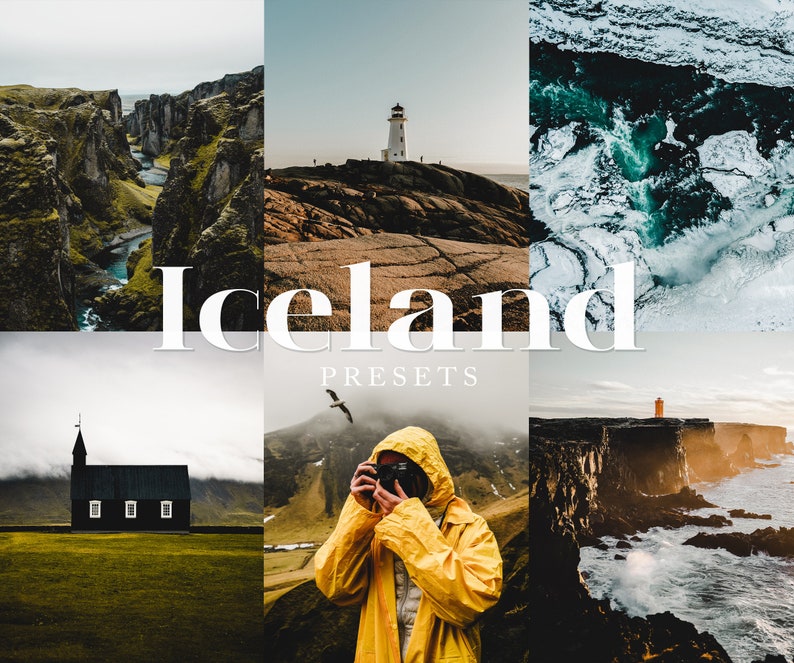 Puede incluir: Un collage de im&aacute;genes que muestran la belleza de Islandia. Las im&aacute;genes incluyen una iglesia negra, un faro en una costa rocosa, una persona con un impermeable amarillo tomando una foto y un acantilado dram&aacute;tico con vistas al oc&eacute;ano.
