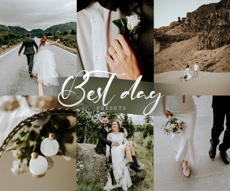 Puede incluir: Una colecci&oacute;n de ajustes preestablecidos de fotograf&iacute;a de bodas llamada "Best Day" con un fondo verde y texto blanco. Los ajustes preestablecidos est&aacute;n dise&ntilde;ados para mejorar las fotos de bodas y darles una sensaci&oacute;n c&aacute;lida y rom&aacute;ntica.