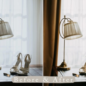 May include: A before and after image showing the difference in lighting. The image on the left shows a lamp with a white lampshade on a wooden table with two white high-heeled shoes and a small bottle. The image on the right shows the same scene with warmer lighting.