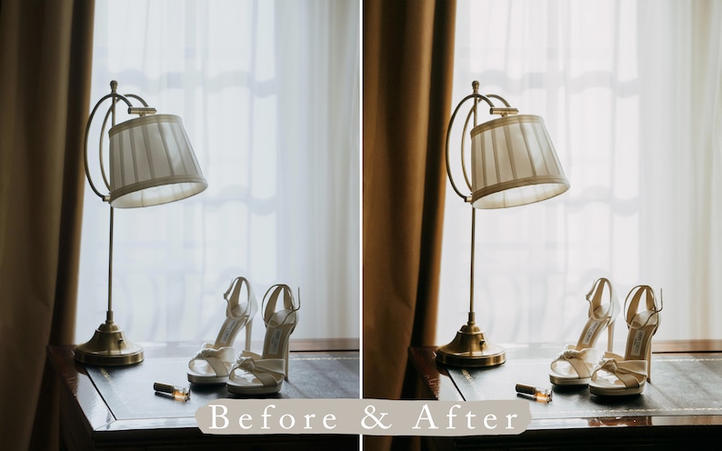 May include: A before and after image showing the difference in lighting. The image on the left shows a lamp with a white lampshade on a wooden table with two white high-heeled shoes and a small bottle. The image on the right shows the same scene with warmer lighting.