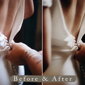 May include: A person is fastening the buttons on the back of a white wedding dress. The dress has a low back and is made of a soft, flowing fabric.