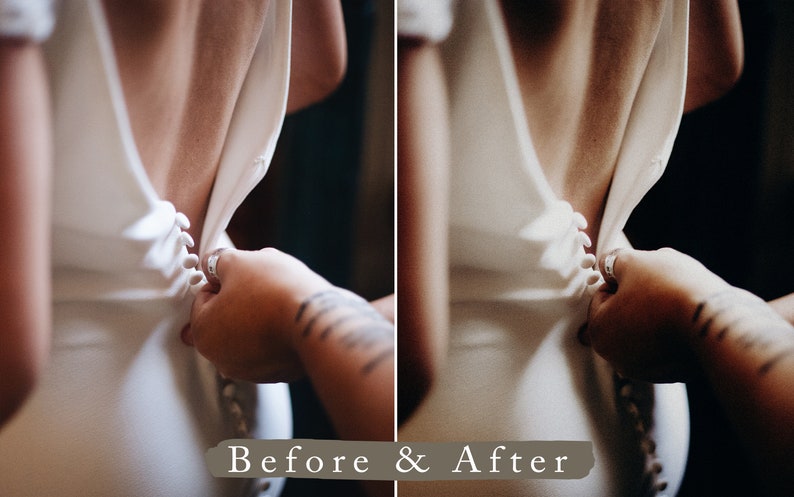 May include: A person is fastening the buttons on the back of a white wedding dress. The dress has a low back and is made of a soft, flowing fabric.