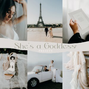 Könnte beinhalten: Eine Collage aus Bildern, die eine Braut in einem weißen Hochzeitskleid, ein Paar, das vor dem Eiffelturm spaziert, eine Nahaufnahme eines Paares weißer Brautschuhe, eine Braut und einen Bräutigam in einem weißen Cabrio und einen weißen Stuhl mit einer weißen Stoffschleife zeigen. Der Text "She's a Goddess Presets" wird in der Mitte der Collage angezeigt.