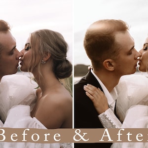 May include: A couple in wedding attire kisses in front of a lake and a cloudy sky. The image is split into two sections, showing a before and after edit of the photo.