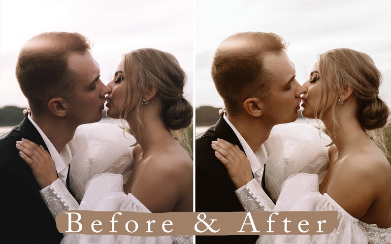 May include: A couple in wedding attire kisses in front of a lake and a cloudy sky. The image is split into two sections, showing a before and after edit of the photo.