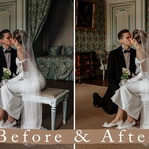 May include: A bride and groom in a white wedding dress and black tuxedo are kissing while sitting on a white bench in a room with ornate wallpaper and a large bed.