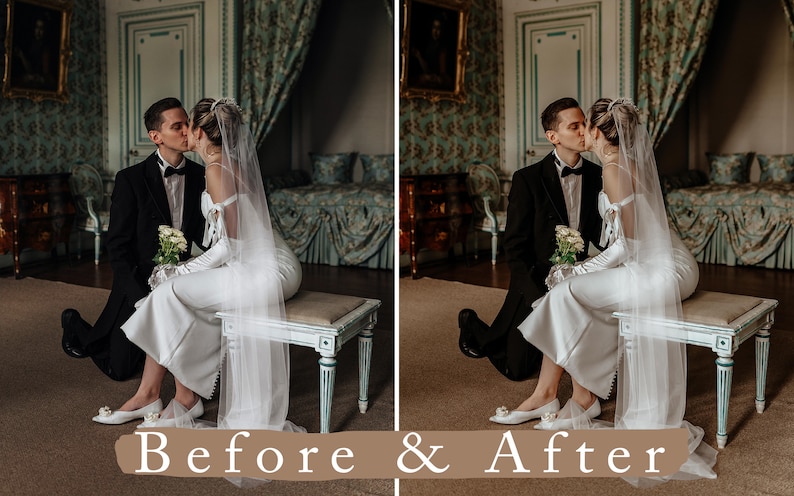 May include: A bride and groom in a white wedding dress and black tuxedo are kissing while sitting on a white bench in a room with ornate wallpaper and a large bed.