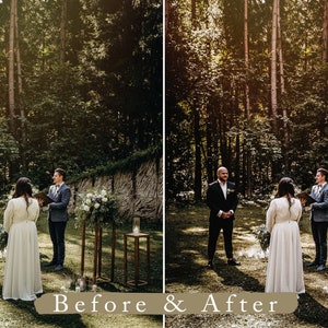 Pode incluir: Uma cerim&ocirc;nia de casamento ao ar livre em um ambiente de floresta. A noiva e o noivo est&atilde;o de p&eacute; no altar, com um celebrante de p&eacute; entre eles. O celebrante est&aacute; segurando um livro e est&aacute; falando. A noiva est&aacute; vestindo um vestido branco e o noivo est&aacute; vestindo um terno preto. A cerim&ocirc;nia est&aacute; acontecendo em frente a uma parede de madeira coberta de videiras.