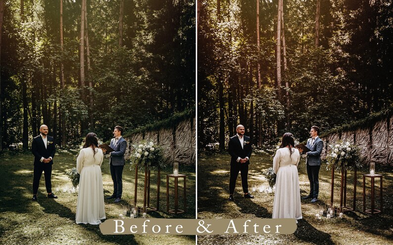 Pode incluir: Uma cerim&ocirc;nia de casamento ao ar livre em um ambiente de floresta. A noiva e o noivo est&atilde;o de p&eacute; no altar, com um celebrante de p&eacute; entre eles. O celebrante est&aacute; segurando um livro e est&aacute; falando. A noiva est&aacute; vestindo um vestido branco e o noivo est&aacute; vestindo um terno preto. A cerim&ocirc;nia est&aacute; acontecendo em frente a uma parede de madeira coberta de videiras.
