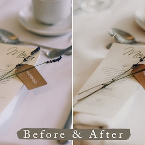 May include: A close-up of a wedding table setting with a white tablecloth, a menu card, a sprig of lavender, and a brown tag that says "Husband".