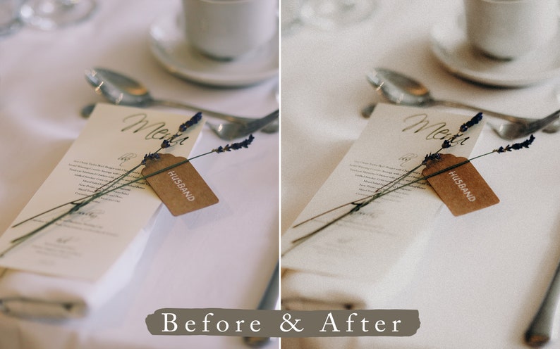 May include: A close-up of a wedding table setting with a white tablecloth, a menu card, a sprig of lavender, and a brown tag that says "Husband".