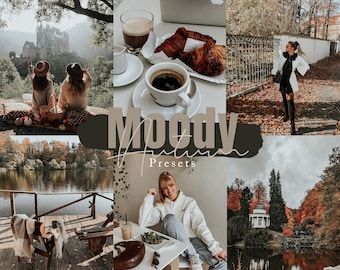 May include: A collection of moody autumn presets for digital photography. The presets are designed to enhance the colors and tones of fall foliage, creating a warm and inviting atmosphere. The presets are shown in use on a variety of images, including a castle, a lake, and a woman in a white sweater.