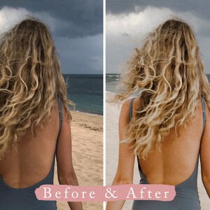 May include: A before and after photo of a person with long, curly blonde hair wearing a gray swimsuit on a beach.