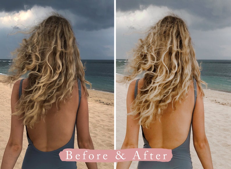 May include: A before and after photo of a person with long, curly blonde hair wearing a gray swimsuit on a beach.