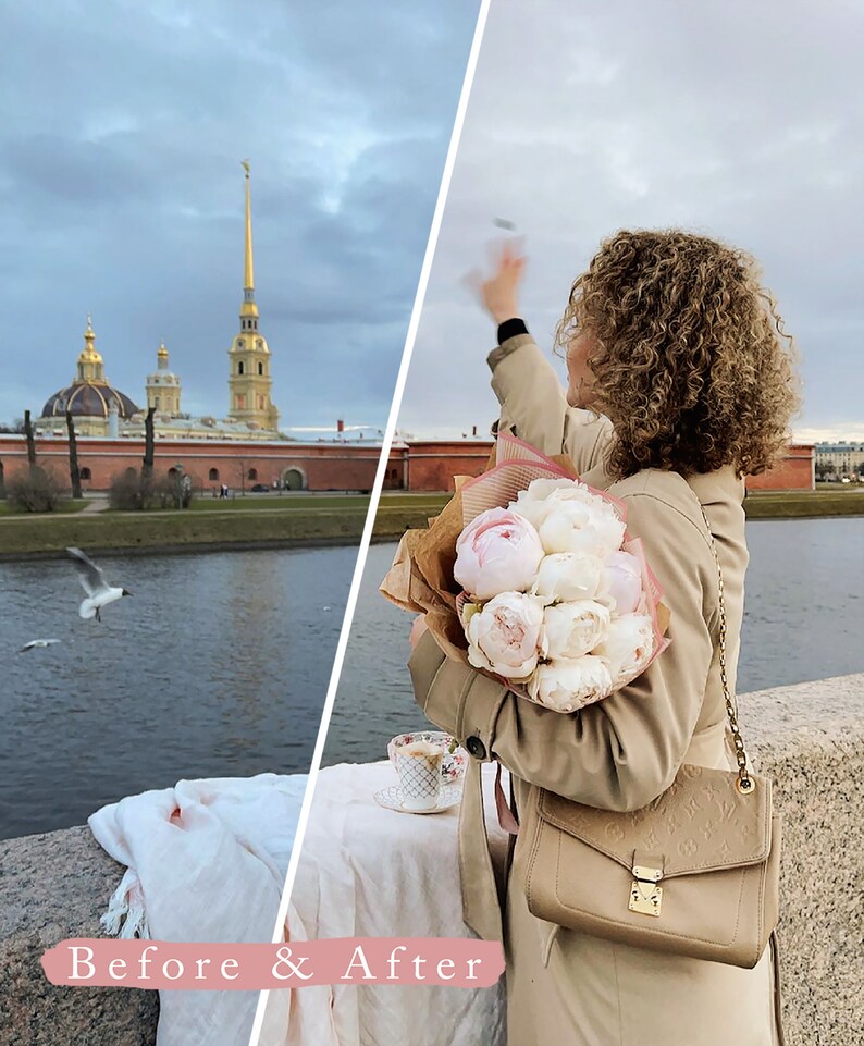 May include: A before and after photo showing a woman holding a bouquet of white and pink peonies. The photo on the left shows a view of a city skyline with a river in the foreground. The photo on the right shows the woman holding the bouquet in front of a city skyline with a river in the background.