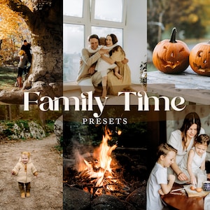 May include: A collage of images showcasing a family enjoying time together. The images include a family of four hugging, a child playing in a forest, a campfire, and a family baking together in a kitchen.