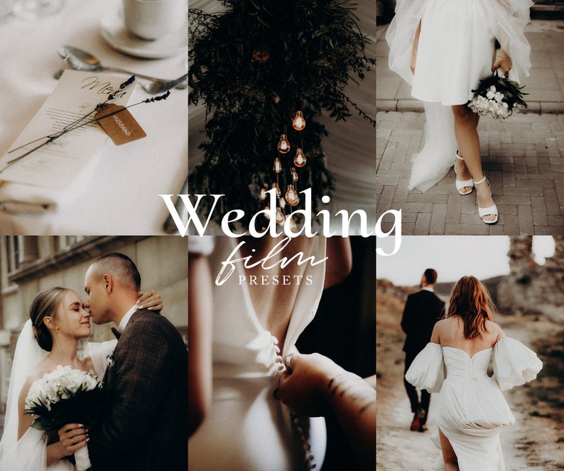 May include: A wedding photo collage featuring images of a couple, a bride and groom, a bride walking down the aisle, and a wedding ceremony. The collage is decorated with the text "Wedding Film Presets".