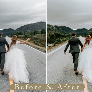 Puede incluir: Una novia y un novio caminan por un camino pavimentado con monta&ntilde;as al fondo. La novia lleva un vestido de novia blanco y el novio lleva un traje negro. La foto est&aacute; dividida en dos secciones, mostrando a la pareja antes y despu&eacute;s de una edici&oacute;n de foto.