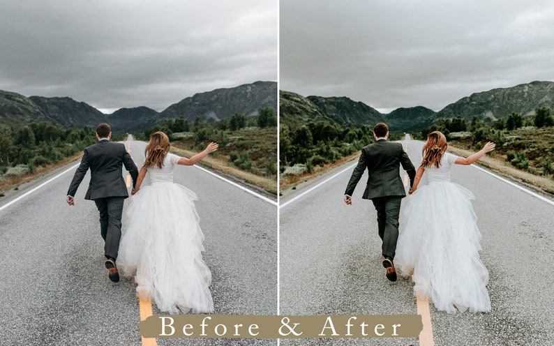 Puede incluir: Una novia y un novio caminan por un camino pavimentado con monta&ntilde;as al fondo. La novia lleva un vestido de novia blanco y el novio lleva un traje negro. La foto est&aacute; dividida en dos secciones, mostrando a la pareja antes y despu&eacute;s de una edici&oacute;n de foto.